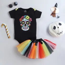 TINY MINY MEE Cotton Lycra Knit Halloween Theme Half Sleeves Skull Printed Onesie With Skirt Costume Set - Black-picture-13