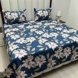 Pure Decor Blue & Beige Floral Polycotton 4 Piece Double King Superfine Bedding Set-image-85