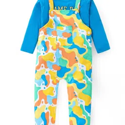 Babyhug Single Jersey Knit Full Sleeves T-Shirt & Dungaree with Text & Abstract Print - Blue image 3