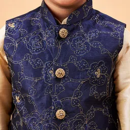 Vastramay Full Sleeves Solid Kurta & Pyjama With Sequin Embellished Floral Woven Designed Nehru Jacket - Golden and Navy Blue image 5