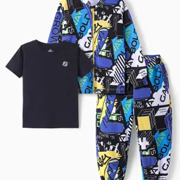 Ollington St. 100% Cotton Knit Full Sleeves Zipper Sweatshirt & Joggers With T-Shirt Set With Text Print - Navy Blue image 4