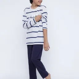 Lil Tomatoes Kids Grey & Navy Striped Full Sleeves T-Shirt with Pyjamas image 3