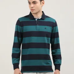 Dragon Hill Sea Green Cotton Slim Fit Striped Polo T-Shirt-image-90