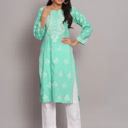PARAMOUNT CHIKAN Sea Green Cotton Lucknowi Chikankari Straight Kurta-picture-33