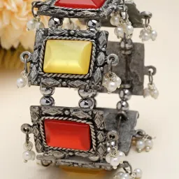 Moedbuille Mirrors & Pearls Studded Antique Filigree Design Oxidised Silver Plated Tribal Bracelet image 1