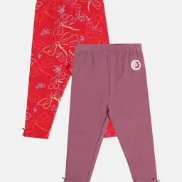 MINIKLUB Girls Red & Plum Cotton Printed Full Sleeves Legging image 1