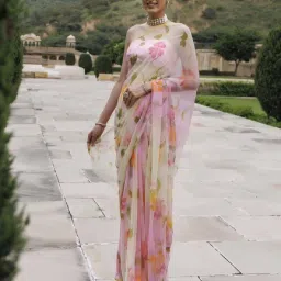 Geroo Jaipur White Pink Shaded Hand Painted Floral Chiffon Saree with Blouse image 1