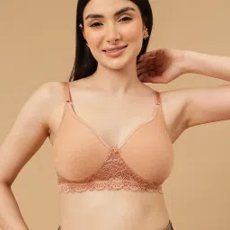 Clovia Light Brown Lace Full Coverage Non-Wired T-Shirt Bra image 1