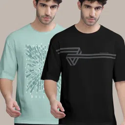 Bullmer Black & Neo Mint Green Cotton Oversized Fit Printed T-Shirt - Pack Of 2 image 1