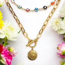 OOMPH Multicolor Evil Eye Beads and Medallion Link Chain Choker Pack of 2 image 1