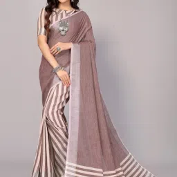 Satrani Brown Striped Saree With Unstitched Blouse image 1