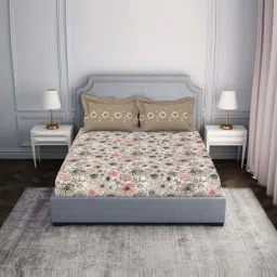 Spaces Atrium Grey & Pink 100% Cotton 144 TC Fitted King Bedsheet with 2 Pillow Covers image 1