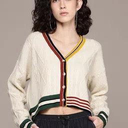 The Roadster Lifestyle Co. Contrast Striped Pure Acrylic Cable Knit Crop Cardigan-image-15