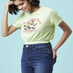 People by Pantaloons Green Cotton Printed Crop T-Shirt image 3