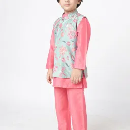 Lil Drama Kids Pink & Mint Green Floral Print Full Sleeves Kurta, Pants With Nehru Jacket image 3