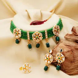 Zaveri Pearls Green Multistrand Beaded Kundan Choker Necklace Earring & Ring Set-ZPFK11005-image-14