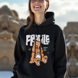 Bewakoof Women's Black Fragile Graphic Printed Oversized Hoodie-image-18