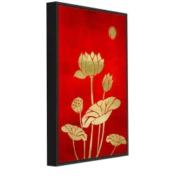 999Store Red Canvas Mughal Golden Lotus Flower Moon Canvas Wall Painting image 3