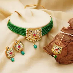 Zaveri Pearls Green Multistrand Crystal Kundan Choker Necklace Earring & Maangtikka Set-ZPFK11007-picture-35