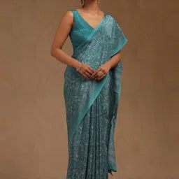 Soch Turquoise Blue Printed Saree With Unstitched Blouse image 1