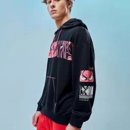 Bewakoof Black Relaxed Fit Graphic Print Oversized Hooded Sweatshirt image 3