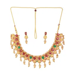 Aatmana Gold-Plated Red & Green Stone-Studded & Beaded Temple Necklace Set image 3