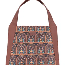 ZOUK Royal Indian Peacock Motif Trapezia Brown Printed Tote Bag image 3