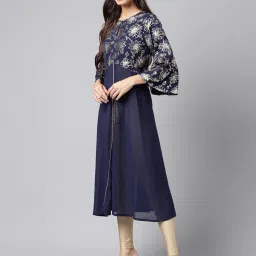 Janasya Navy Floral Print A Line Kurta image 3