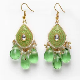 Dugran By Dugristyle Green & White Drop Earrings with Kundan & Pearls for Women image 3