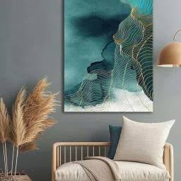 999Store Blue Canvas Abstract Painting With Golden Lines image 1