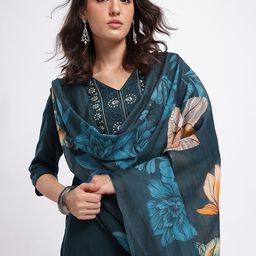 HERE&NOW Yoke Design Thread Work Kurta with Trousers & With Dupatta-picture-24