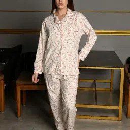 Odette Off White Printed Night Suit Set-image-47