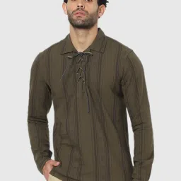 celio celio* Olive Regular Fit Striped Cotton Shirt image 1