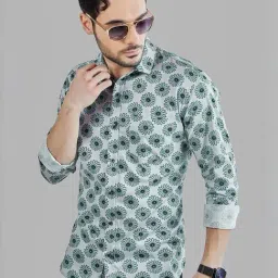 Almaty White & Green Cotton Slim Fit Floral Print Shirt-picture-23