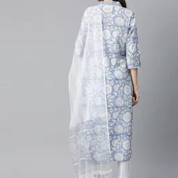 Divena Women Blue Floral Printed Pure Cotton Kurta with Trousers & With Dupatta image 2