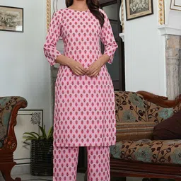 Viharini Floral Printed Pure Cotton Round Neck Straight Kurta With Palazzos-image-7