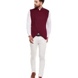 Hypernation Maroon Slim Fit Cotton Mandarin Collar Waistcoat image 5