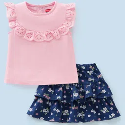 Babyhug 100% Cotton Knit Sleeveless Tops and Layered Skirt Set with Lace & Bow Detailing Floral Print - Pink & Navy-picture-19