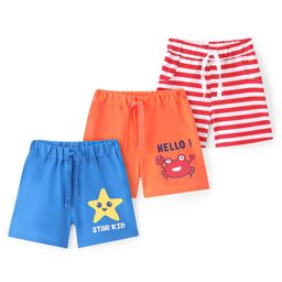 Doodle Poodle 100% Cotton Knit Above Knee Length Striped Shorts Pack of 3 -Blue Orange & Red-picture-19