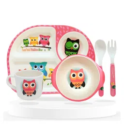 Bembika Baby Self Feeding Essential Baby Dinnerware Bamboo Fibre Dinner Set For Kids For Kids And Toddlers Owl - Pack Of 5 (Pink)-picture-19
