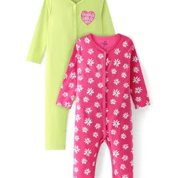 Doodle Poodle 100% Cotton Knit Full Sleeves  Floral & Heart Printed Rompers Pack of 2 - Pink & Limegreen-picture-25