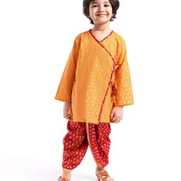 Babyhug Woven Full Sleeves Floral Printed Kurta Dhoti Set with Pair of Booties & Paghdi - Mustard & Red-picture-26