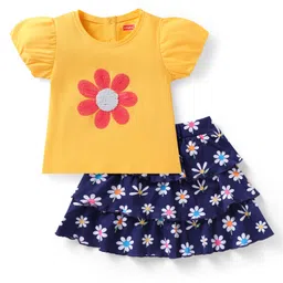 Babyhug Single Jersey Knit Puffed Sleeves Top & Skirt with Floral Print Sequin Detailing - Yellow & Navy Blue-picture-25