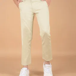 CRIMSOUNE CLUB Cotton Solid Trousers - Beige-image-1