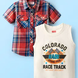 Babyhug Cotton Woven Half Sleeves Checked Shirt with T-Shirt - Red & White-picture-10