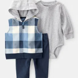 Carter's Knit Hooded Plaid Jacket & Joggers Set with Full Sleeves Onesie - Grey & Navy Blue-picture-12