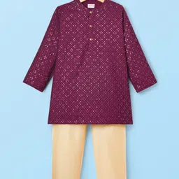 Babyhug Woven Full Sleeves Kurta Pajama Set with Embroidery & Sequin Detailing - Wine-picture-20