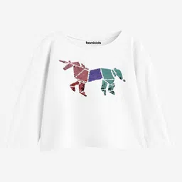 Bonkids Cotton Knit Full Sleeves Sequins Embellished Unicorn Designed Tee - White-picture-17