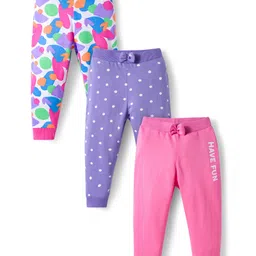 Babyhug Cotton Knit Full Length Lounge Pants With Heart & Polka Dot Print Pack of 3 - Pink Purple & White-picture-10