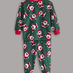 Hugsntugs Christmas Theme Cotton Full Sleeves Santa Claus Printed Coordinating Sweatshirt & Joggers Set - Green image 3